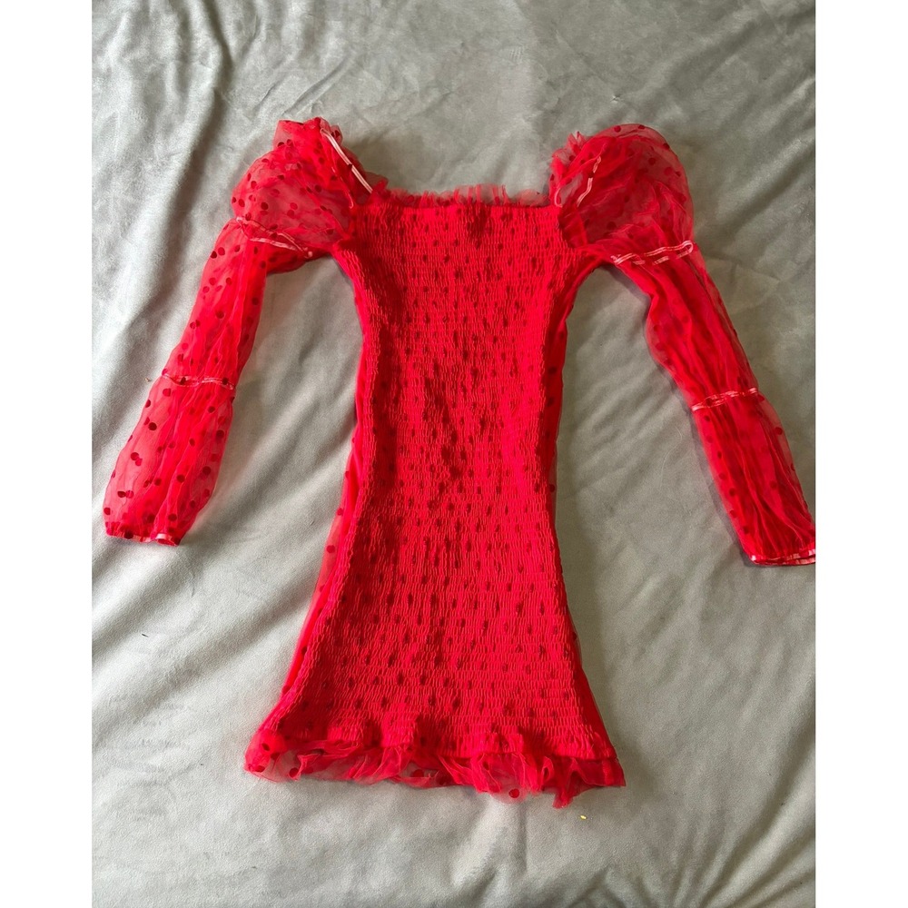 EillyBazar Red Smocked Mini Dress Sheer Polka Dot Mesh Long Sleeve Ruffle Small